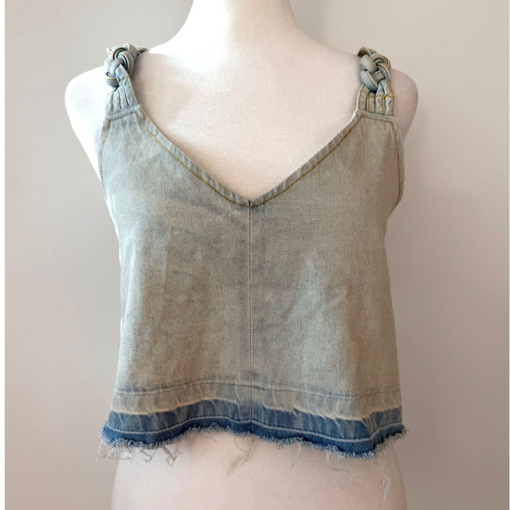 SEA NEW YORK Light Wash Denim Braided Strap Boho Beach 90's Festival Crop Top 4